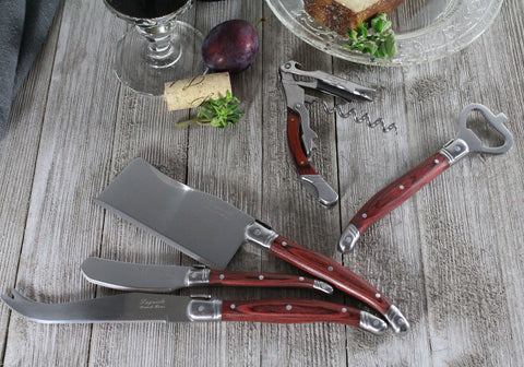 French Home Laguiole 5 Piece Cheese Knife and Wine Opener Set with Pakkawood Handles