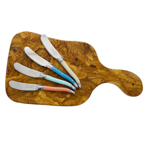 French Home Laguiole Set of 4 Spreaders with a 14-inch Olive Wood Cheese Board