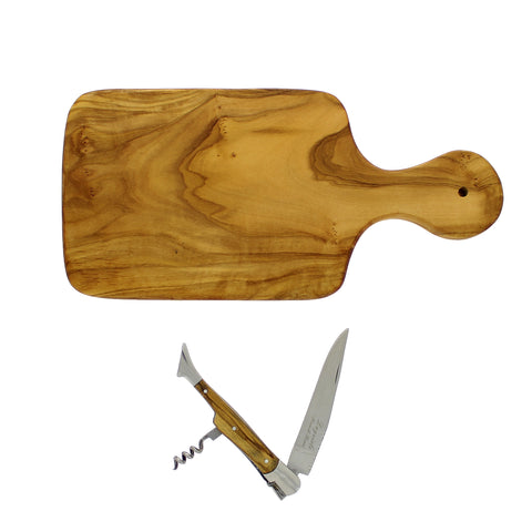 French Home Olive Wood 11-inch Cutting board with a Laguiole Pocket Knife with Cork Screw