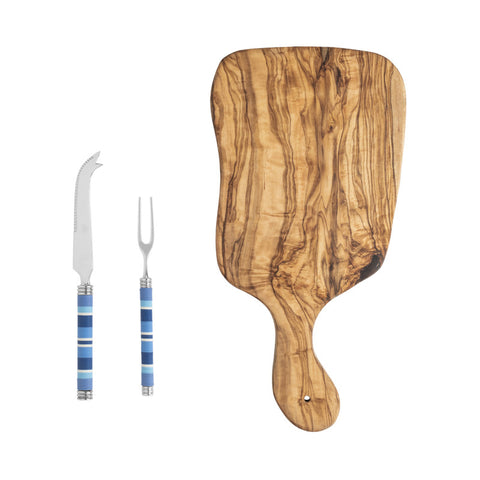 French Home Jubilee Cheese Knife, Fork, and Acacia Wood Board Set - Shades of Denim