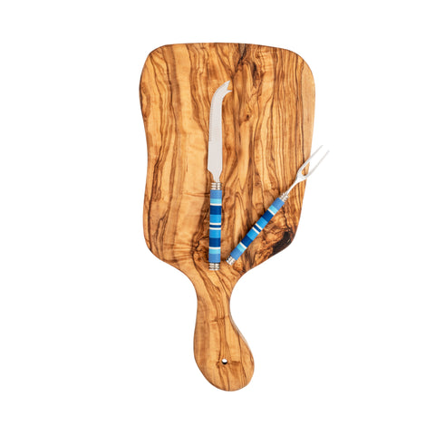French Home Jubilee Cheese Knife, Fork, and Acacia Wood Board Set - Shades of Denim