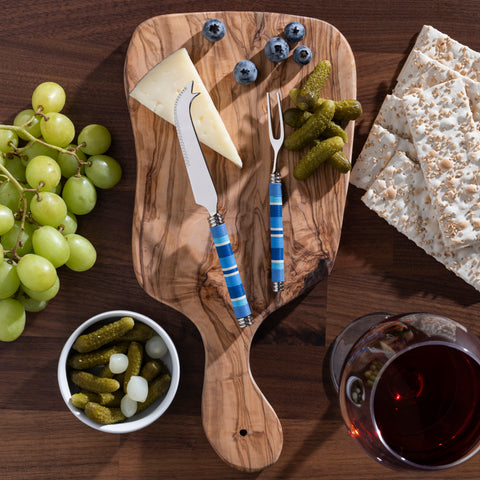 French Home Jubilee Cheese Knife, Fork, and Acacia Wood Board Set - Shades of Denim