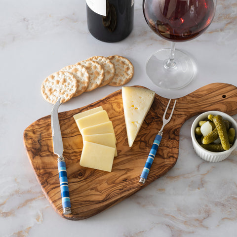 French Home Jubilee Cheese Knife, Fork, and Acacia Wood Board Set - Shades of Denim