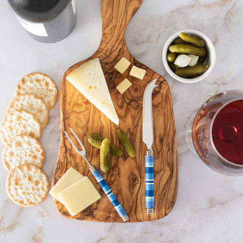 French Home Jubilee Cheese Knife, Fork, and Acacia Wood Board Set - Shades of Denim