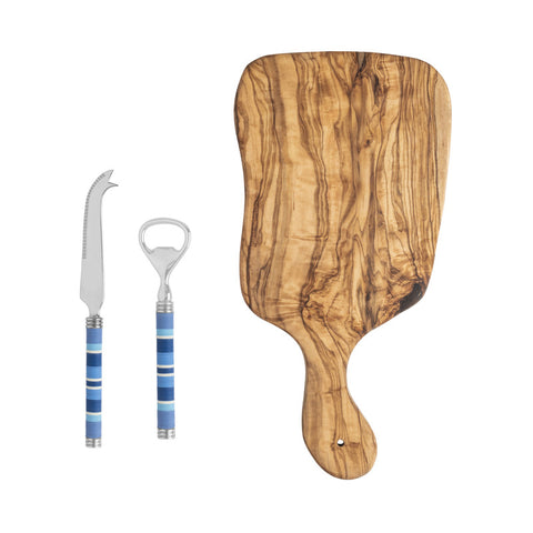 French Home Jubilee Cheese Knife, Bottle Opener and Acacia Wood Board Set - Shades of Denim