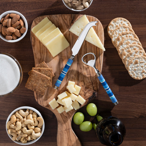 French Home Jubilee Cheese Knife, Bottle Opener and Acacia Wood Board Set - Shades of Denim