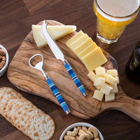 French Home Jubilee Cheese Knife, Bottle Opener and Acacia Wood Board Set - Shades of Denim