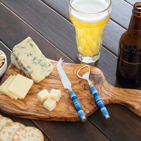 French Home Jubilee Cheese Knife, Bottle Opener and Acacia Wood Board Set - Shades of Denim