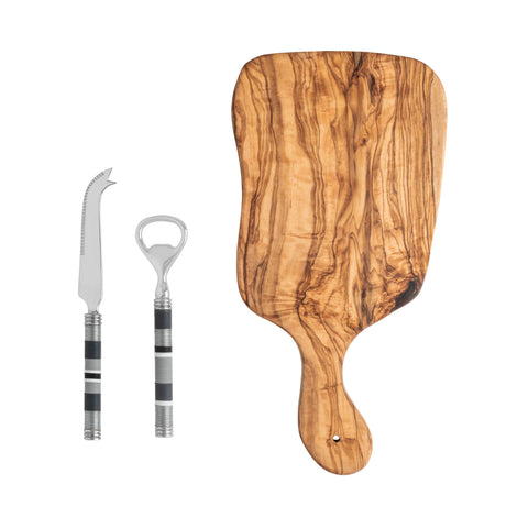 French Home Jubilee Cheese Knife, Bottle Opener and Acacia Wood Board Set - Shades of Graphite