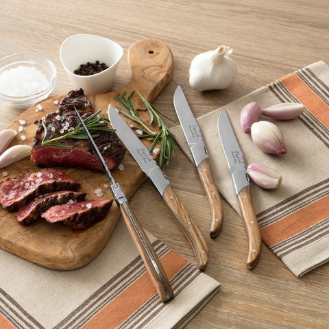 French Home Laguiole Set of 4 Connoisseur Steak Knives with Olive Wood Handles