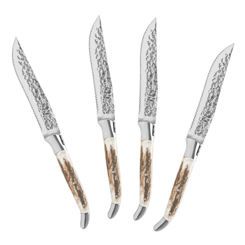 French Home Laguiole Set of 4, Connoisseur BBQ Steak Knives with Deer Horn Handles
