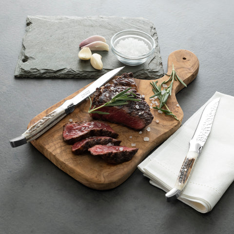 French Home Laguiole Set of 4, Connoisseur BBQ Steak Knives with Deer Horn Handles