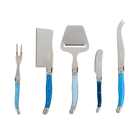 French Home Laguiole 5 Piece Cheese Knife, Fork and Slicer Set, "Shades of Blue"