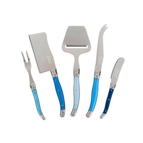 French Home Laguiole 5 Piece Cheese Knife, Fork and Slicer Set, "Shades of Blue"