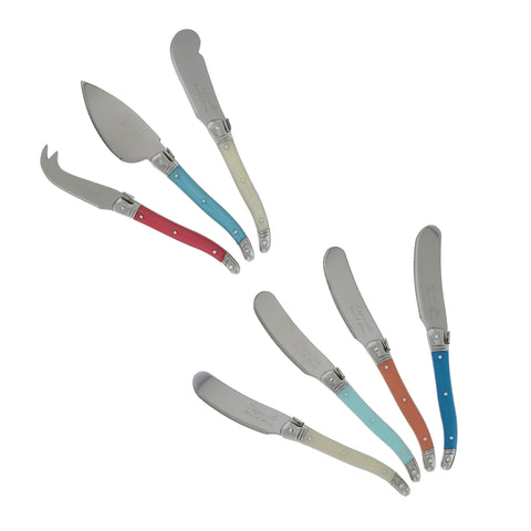 French Home 7 Piece Laguiole Cream, Coral and Turquoise Cheese Knife and Spreader Set
