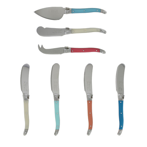 French Home 7 Piece Laguiole Cream, Coral and Turquoise Cheese Knife and Spreader Set