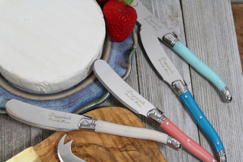 French Home 7 Piece Laguiole Cream, Coral and Turquoise Cheese Knife and Spreader Set