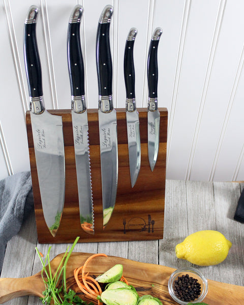 French Home Laguiole Connoisseur Olivewood 5 Piece Kitchen Knife Set plus Magnetic Display