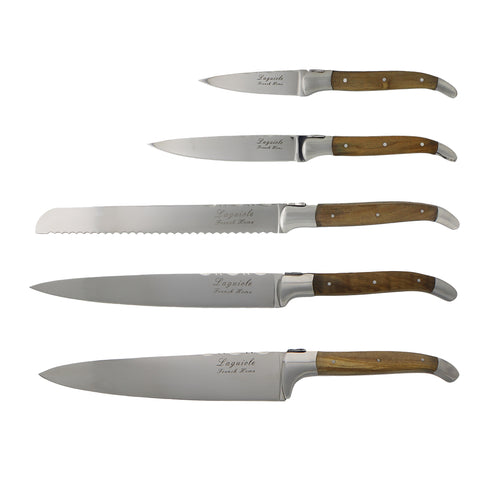 French Home Laguiole Connoisseur Olivewood 5 Piece Kitchen Knife Set plus Magnetic Display