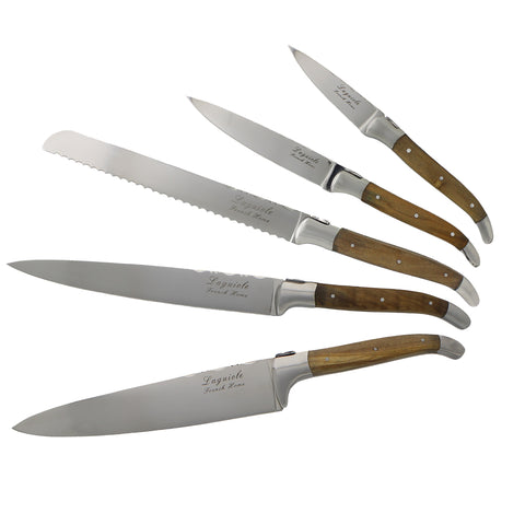 French Home Laguiole Connoisseur Olivewood 5 Piece Kitchen Knife Set plus Magnetic Display