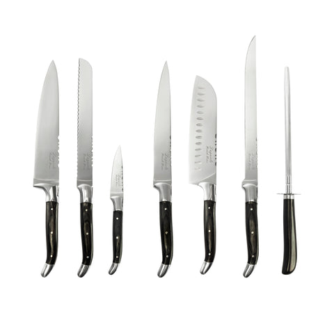 French Home 7 Piece Connoisseur Laguiole Black Pakkawood Kitchen Knife Set with Knife Sharpener