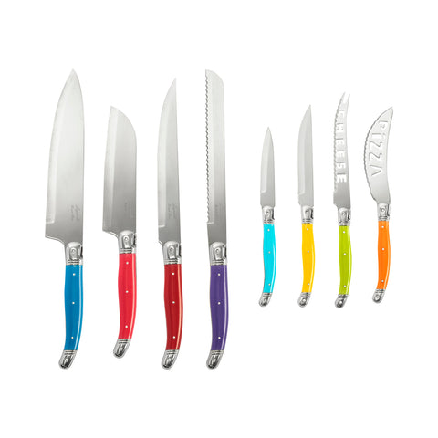 French Home 8 Piece Laguiole Kitchen Knife Set with Wood Block, Rainbow Colors