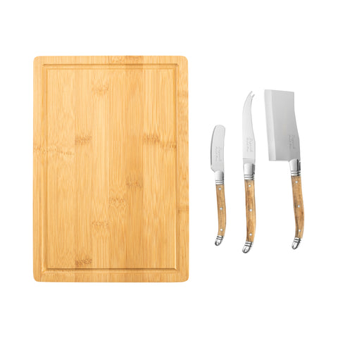 French Home 3 Piece Connoisseur Laguiole Olive Wood Cheese Knives and Bamboo Cheese Board