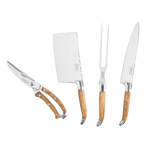 French Home 4-Piece Connoisseur Laguiole Professional Chef Knife Set with Olive Wood Handles