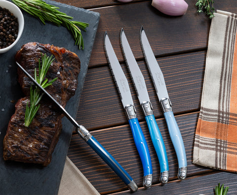 French Home Set of 4 Laguiole Steak Knives, Shades of Blue