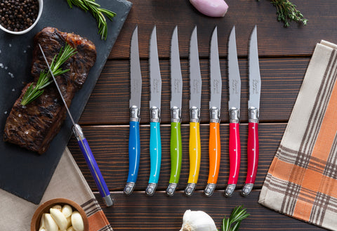 French Home Set of 8 Laguiole Steak Knives, Rainbow Colors