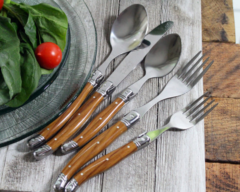 French Home Laguiole 20 Piece Stainless Steel Flatware Set, Service for 4, Wood Grain