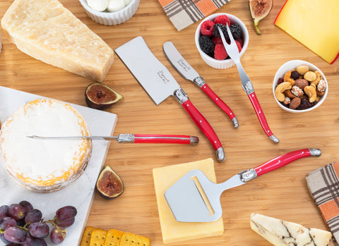 French Home Laguiole 5 Piece Cheese Knife, Fork and Slicer Set, Scarlet Red